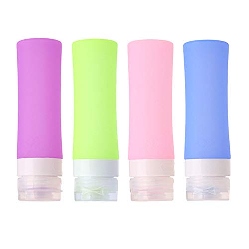 Pure Vie® Silikon Reise Flaschen Set mit Kulturbeutel - 4 Stück / 90ml - Farbige Fläschchen mit Transparenter Flugzeug Kulturtasche für Handgepäck, Kein Auslaufen, Kosmetiktasche mit Reiseflaschen