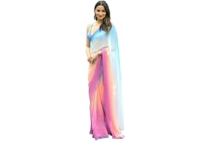 Jaanvi fashion Damen mehrfarbiger Georgette-Leheriya bedruckter Alia-Bhatt-Sari mit ungesäumtem Blusenteil