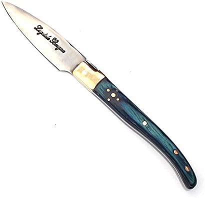 6240. 1 x 14cm butter knife Blue Teak wood handle Laguiole Bougna France.Forged hand finished inlaid filigree spine handles,brass bolster. individually made using natural materials, no two sets will be the same