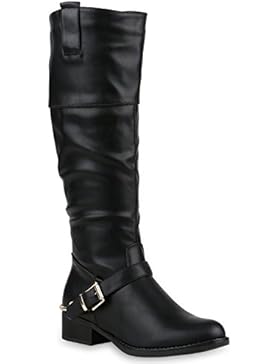 Damen Reiterstiefel | Leder-Optik Bikerstiefel | Block Absatz Stiefel | Schnallen Schuhe | Zipper Profil Metallic...