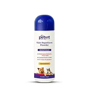 Petvit Tick Repellent Powder with Sandalwood, Bakuchi | for Ticks and Fleas, Itching, Fungal Infection| Paraben Free & pH-Balance -for All Breed Dog & Cat ? 100gm