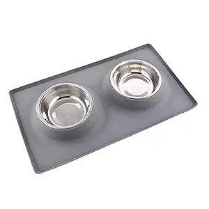 BLACK DOG Rectangle Silicone Double Stainless Steel Dinner Food Feeder Bowl with No Spill Non-Skid Paw Print Mat for Puppies, Dogs, Cats and Pets Bowl