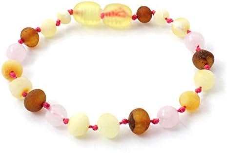 Unpolished Amber Anklet / Bracelet made with Rose Quartz Beads - 16 cm Length - Multicoloured - AmberStones (16 cm)