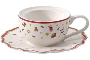 ‎VILLEROY & BOCH Villeroy und Boch Toy's Delight Decoration świecznik na podgrzewacze, filiżanka do kawy, świecznik na podgrzewacze w kształcie filiżanki kawy, porcelana premium, biały, czerwony, 9,8 x 9,8 x 4 cm