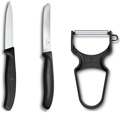 Victorinox Swiss Classic Set di Coltelli da Cucina con Pelaverdure, 3 Pezzi, per Verdura, Lama Affilato, Acciaio Inox, Lavabile in Lavastoviglie, Nero