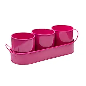 3 Metal Planter or Utensil Pots Set with Tray Caddy for Indoor or Outdoor Use for Living Room Balcony Or for Kitchen Utensils Pots with Drain Holes (Pink Color)
