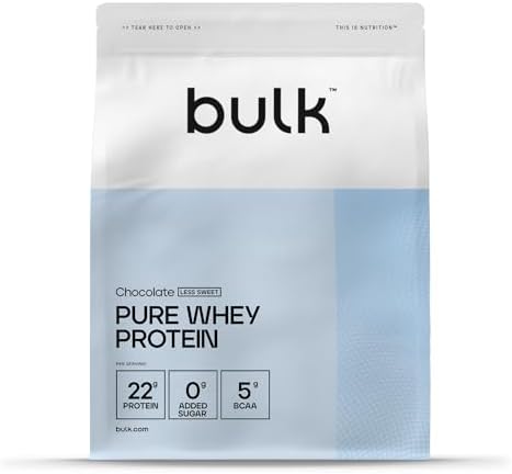 Bulk Pure Whey Proteine in Polvere Meno Dolce, Cioccolato, 22g di Proteine e 5g di BCAA, Shake di Whey Concentrato, A Basso Contenuto di Zuccheri, Supporta la Crescita e il Recupero Muscolare, 5kg