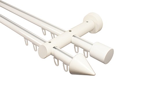 Innenlauf Gardinenstange 2-läufig aus Aluminium und Holz weiß, 20 mm, Endstück Kegel, 120 cm