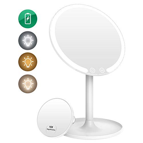 EASEHOLD Miroir Lumineux Maquillage Rechargeable Miroir de Table Miroir Cosmétique Eclairée Comptoir Amovible 3 Modes Effets Grossissement 1X / 10X avec 42 LEDs Dimmable Lumière Naturelle - Blanc