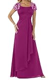 Bodenlänge HUINI Damen Kurz Aermel Mit Steine Chiffon Lang Festkleid Ballkleid Abendkleid Fushia Size 52