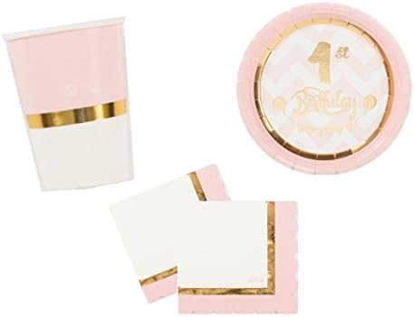1st Birthday Pink Gold Party Decoration Set for Child's Birthday Party for 8 People 32 Pink Girls