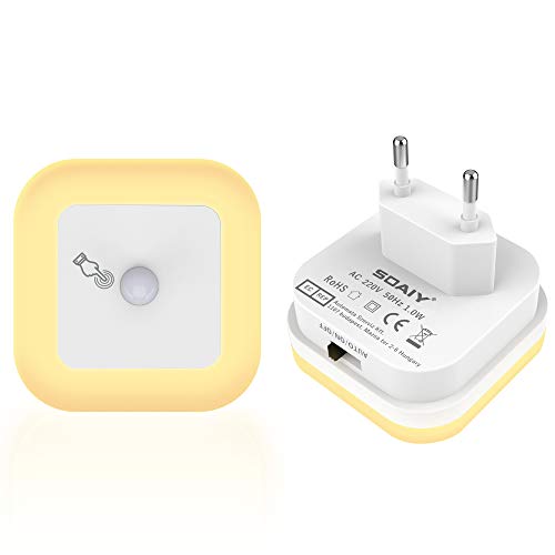 SOAIY 2pcs Veilleuse LED réglable 1W Automatique avec Capteur de Mouvement Physique PIR pour Chambre d'Enfant/Toilette/Couloir/Passage etc- Lumière Chaude