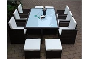 Ragnarök-Möbeldesign PolyRattan Essgruppe DEUTSCHE Marke - EIGNENE Produktion Tisch + 6 Stuhl & 4 Hocker - 8 Jahre GARANTIE - Garten Möbel incl. Glas und Sitzkissen braun Gartenmöbel