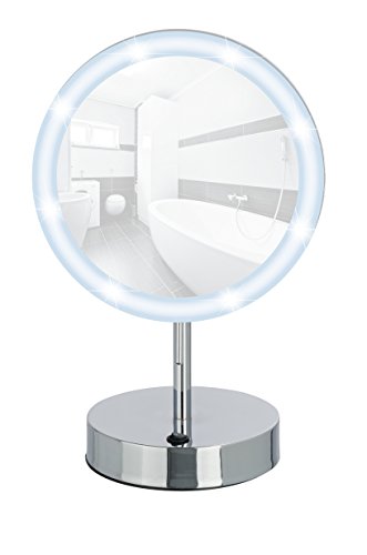 WENKO 3656490100 LED Standspiegel Aura - Kosmetikspiegel, mit hochwertigem Acrylrahmen, Spiegelfläche ø 16.5cm, 500% Vergrößerung, Stahl, 20 x 32 x 14 cm, Chrom