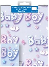 2 Double Packs Gift Wrap & Tags - Total of 4 sheets of quality wrapping paper and 4 tags (Baby Boy)