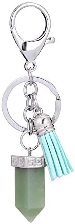 Broncos(TM) Rose Quartz Bullet Point Natural Stone Tassel Keychain Amethyst Aventurine Crystal Body Bag Decoration Women Keyring[Aventuri]