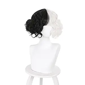 LINKOM Cosplay Wig Black And White Curly Wig Villain?Hairpieces for Girl Women Halloween Carnival Accessories (A)