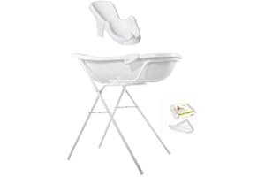 KINDERWELT Funny Farm Blanc Baignoire Bébé XXL 100 cm avec Bouchon + Stands de Bain + Siège de Baignoire +Tuyau D’Écoulement