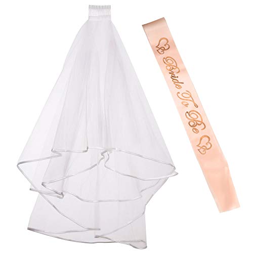 innobase Bride to Be Hen Party Henne Braut Hochzeit Weiß Schleier mit Kamm Bride to Be Satin Schärpe Junggesellinnenabschied Team Braut Bachelorette Party Zubehör Kit, 2 Stück