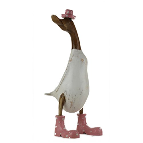 Holzente aus glatter Bambuswurzel und Teak-holz mit Hut und Stiefel in pink und white wash als Gartendeko geeignet Höhe 45cm