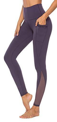 JOYSPELS Women's High Waisted Gym Leggings - Yoga Pants Womens Workout Running Sports Mesh Leggings with Pockets - Purple - M
