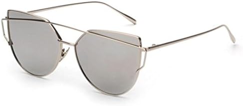 GAXUVI Fashion Twin-Beams Classic Women Metal Frame Mirror Sunglasses Cat Eye Glasses (Silver)