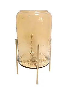 CURIO CRAFTS Glass Hammered Cylinder Vase with Stand (17 X 17 X 30.5 cm, Gold)
