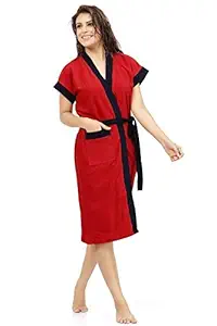 ELEVANTO Collection Half Sleeve Soft Terry Cotton Bathrobe-Free Size (Red with Navy Strips)