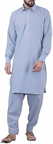 Indian Traditional Mens Neck thread Embroidered Classic Collar Alaska Blue Pathani Suit