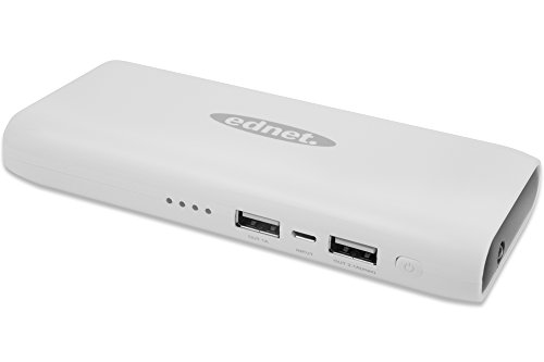ednet 31883 Power Bank mit LED-Taschenlampe, Kapazität: 10.000 mAh, 2x USB Port (2,1A +1A) + Micro USB, kompakte Größe, weiß