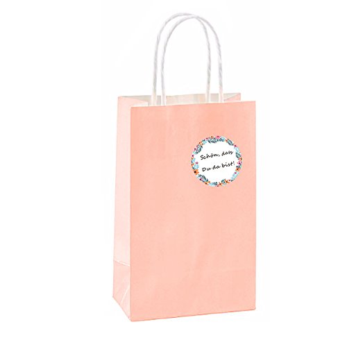 Super44day 24 Papier Beutel Papiertütchen Geschenktaschen Papier Partytüten Party Beutel mit Griffe und 24 runde Aufkleber für Geschenke verpacken,Hochzeit, Geburtstag, Taufe , Bonbons und Party Geburtstag Gastgeschenke -Geschenktüten Set "Schön, dass Du da bist"