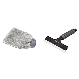 AmazonBasics Microfiber Car Wash Mitt and Amazon Basics Window Squeegee with Handle for Glass, Mirror, Car Window