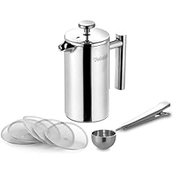 Velaze Cafetière à Piston, Français Presse en Acier Inoxydable de 350ML, avec Filtres à Café, Double Parois Incassable, Cuillère à Café-S, pour 2-3 Tasses