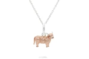 Gemma J Highland Cow Pendant, sterling silver pendant coated with rose gold on an adjustable length silver chain