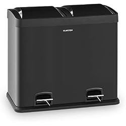 Klarstein Johnny Trash Poubelle à pédale - séparateur de déchets, capacité 48L avec 2 bacs de 30L, Recycling, Matériau : PP/boîtier en inox, Poignées de transport, acier inoxydable noir