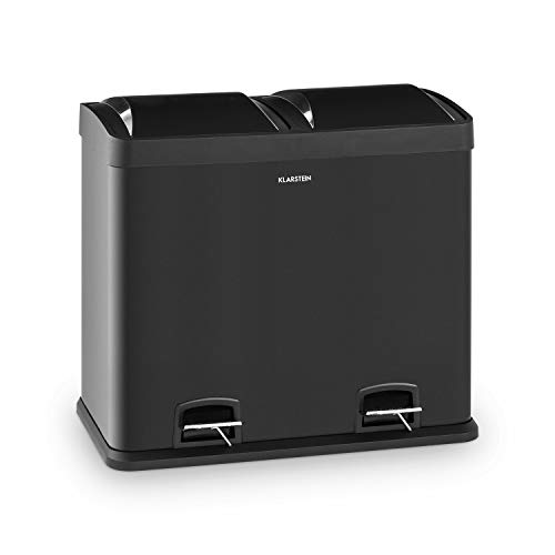 Klarstein Johnny Trash Poubelle à pédale - séparateur de déchets, capacité 48L avec 2 bacs de 30L, Recycling, Matériau : PP/boîtier en inox, Poignées de transport, acier inoxydable noir