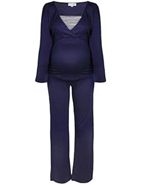 Gestreifter Stillpyjama-Schlafanzug für Damen langarm in Weiß, Blau und Grau von Herzmutter