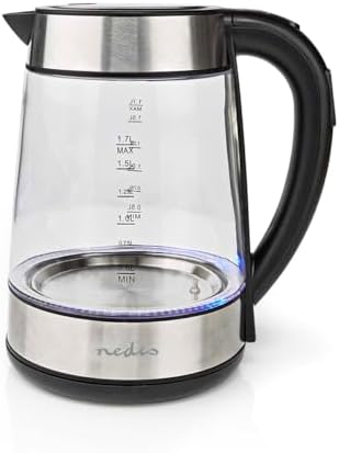 Nedis KAWK320EGS Bollitore in Vetro – 1,7 L – 2200 W – 5 Livelli di temperatura – Illuminazione LED – Acciaio Inox