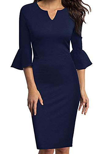 MisShow Robe Femme Vintage Rockabilly Pin up Mi Longue au Genou Robe Femme Courte Moulante Style Classe Manche 3/4 Evasée Bleu Marine L