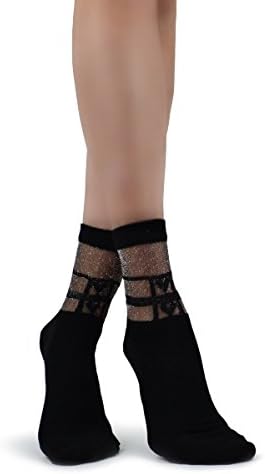 Mixmi Boutique Women's Elegant Black Cotton Socks with Silver Glitter Stripes and Hearts Design Ankle