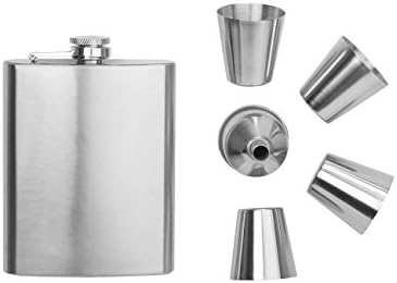 Hip Flask Set Stainless Steel in Black Gift Box Set of 6 Cromargan Fact Arti 005, consisting of Hip Flask (0.18 ltr) – 4 Mugs (0.03 litres), Funnel and Cup PVC Case with Belt Loop