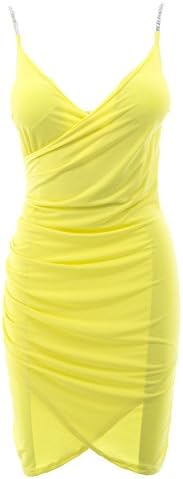 Netgozio Minidress Woman Cross-Dress Short Dress Tight Sexy Elegant Yellow One Size