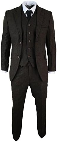 Mens Herringbone Tweed 3 Piece Suit Vintage Tailored Fit Brown Suede Patch Black