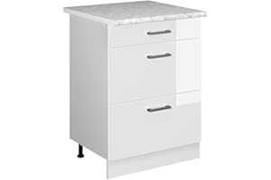 ‎VICCO Vicco Küchenunterschrank R-Line, Weiß Hochglanz/Weiß, 60 cm mit Schubladen, AP Marmor