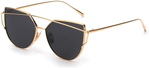 GAXUVI Fashion Twin-Beams Classic Women Metal Frame Mirror Sunglasses Cat Eye Glasses (Gold)