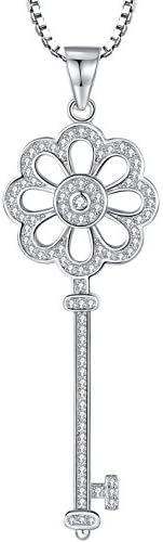 Sterling Silver Sunflower Key with Cubic Zirconia Pendant Necklace for Women and Girls, 46cm Box Chain - sy070n1