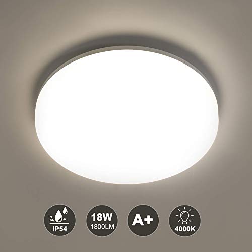 Plafoniera LED 18W 1800LM,Azhien 4000K Bianco Naturale Ø22cm Lampada a Soffitto per Interni, Impermeabile IP54 Plafoniere Tonde per Bagno Camera da Letto Cucina Corridoio Balcone Sala da Pranzo