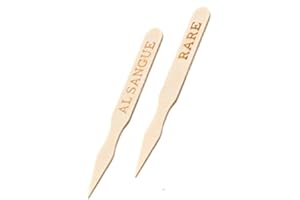 LEONE SRL 250 pz Stecchini per carne in legno di betulla biodegradabili sterilizzati, spiedini legno con scritta COTTURA AL SANGUE, MEDIA, BEN COTTA 9 cm AL SANGUE