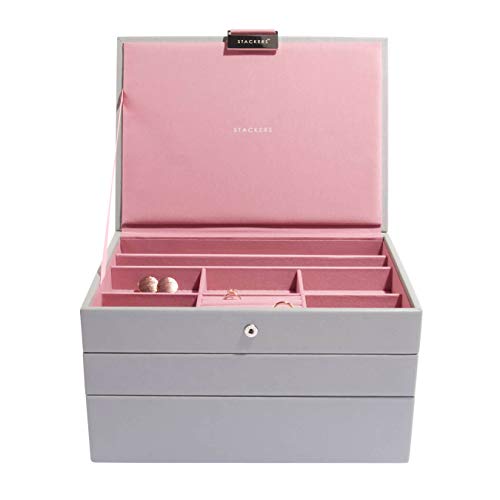 Stackers by LC Designs Serie di 3 CLASSIC STACKERS - Coppia di cofanetti porta gioielli STACKERS di color grigio con fodera interna color rosa antico rivestimento