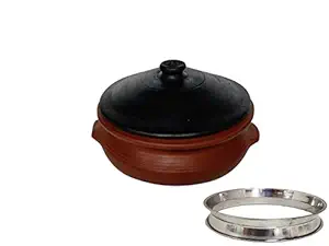 Beverlion LPG and Microwave Pre Seasoned Clay Handi/Earthen Pot for Cooking Pot with Lid, Steel Ring - 3 Litre